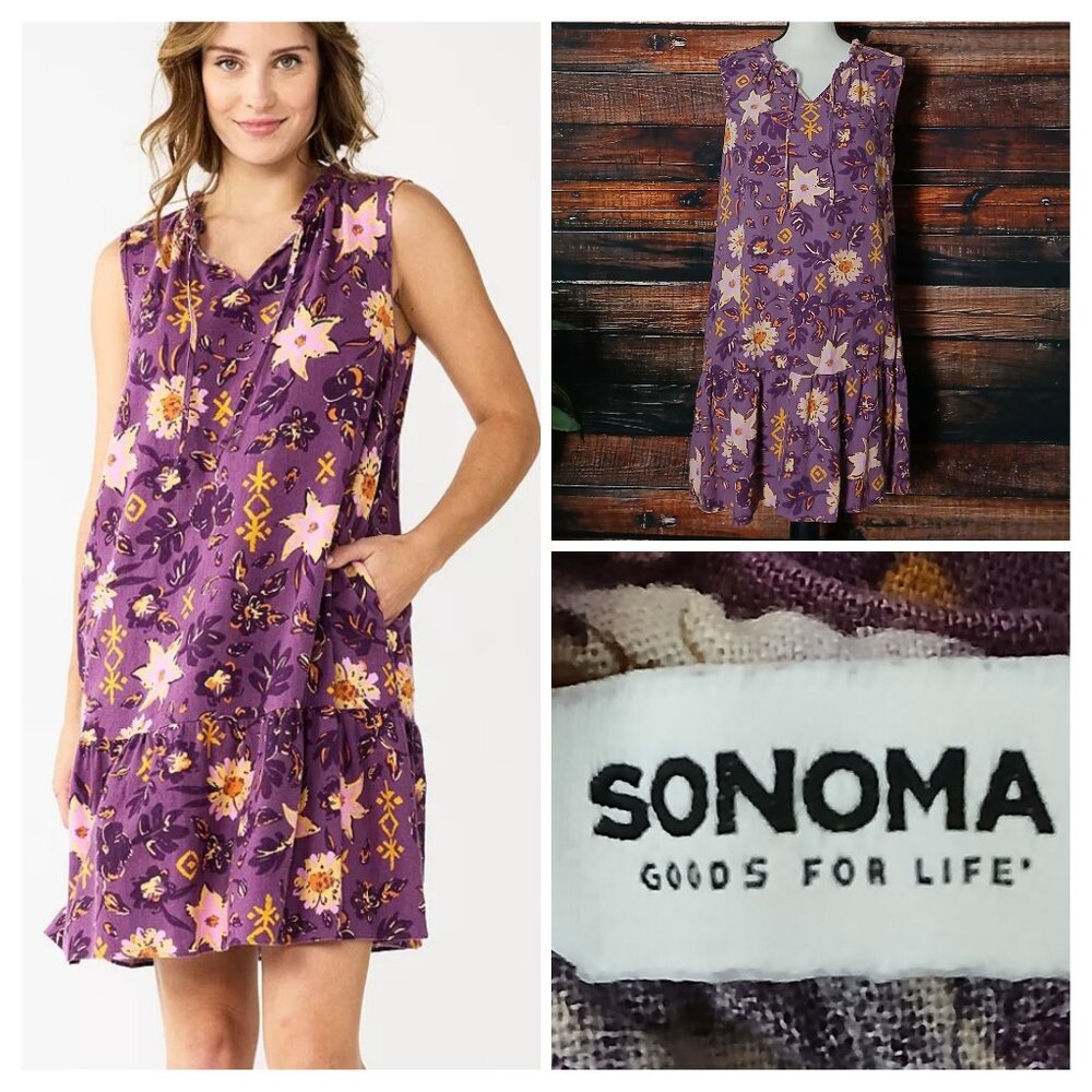 Sonoma Shift Dress XL Linen Rayon Plum Floral Tiered Tie Neck Pockets